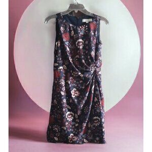 Loft Dress Jacobian Floral  Sleeveless Ruched Side Red White Blue Bold Lined  0